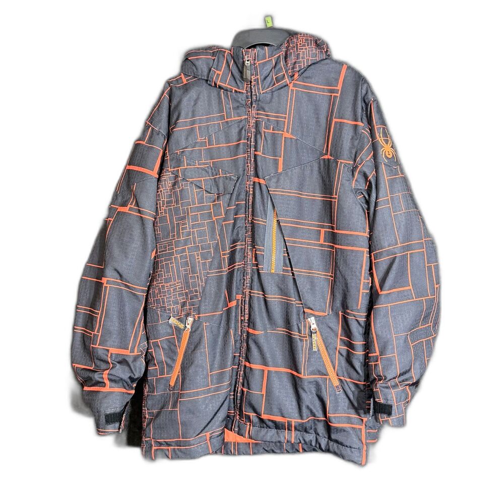 Spyder Kids Boys Size 18 Ski Snowboard Jacket Black Orange Hooded Winter Coat